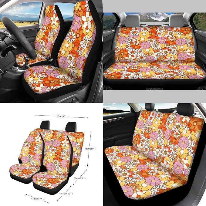 Wanyint Hippie Flower Daisy Car Seat Covers Front Back Seats Set of 15, Steering Wheel Cover Seatbelt Cushion Pad Trash Bin Air Vent Pocket Rearview Mirror Cover Cup Holder Key Chain Car Accessories