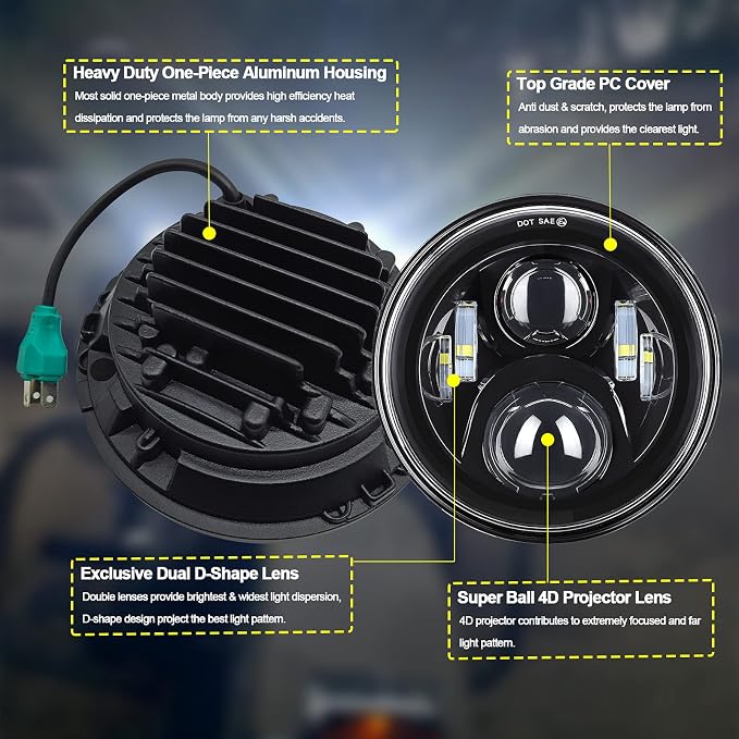 AlyoNed 7 inch Motorcycle LED Headlight 4.5" Fog Passing Lights DOT Kit Compatible with Harley Davidson Fat Boy Street Glide Heritage Softail Road King Switchback Electra Glide Ultra Classic Black