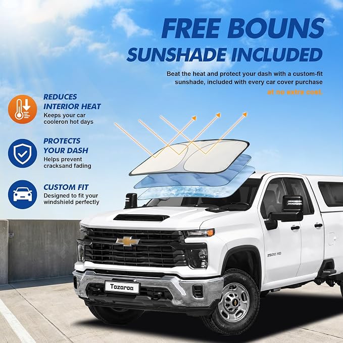 Car Cover Waterproof All-Weather,Heavy-Duty Outdoor Full Exterior Automobiles Snow Cover for Truck Cover with Camper Shell Topper 242-262 inch,with Windshield Sun Shade,Towel&Storage Bag