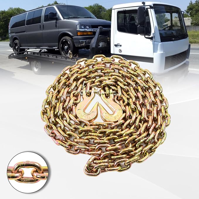 Heavy Duty G80 Transport Binder Chain 5/16'' Inch x 12 Feet,Tow Chain with G70 Clevis Grab Hooks,4900 lbs Safe Working Load Logging Chain for Transporting, Towing(5/16'' x 12FT Yellow).