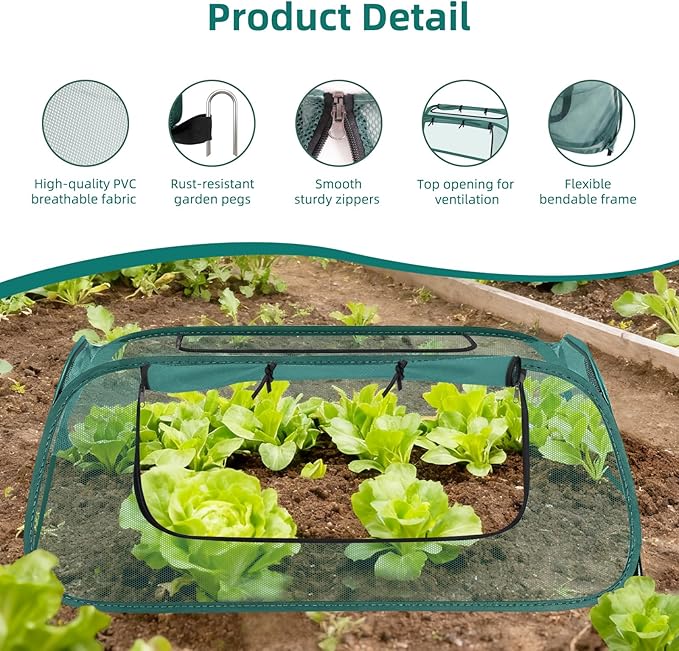 Pop-Up Mesh Garden Cover for Raised Beds – 2-Pack Outdoor Plant Cage with 30% Sun Shade & Insect Protection, Zip Window, Foldable Crop Tent for Seedlings, Wildlife, Includes 8 Stakes