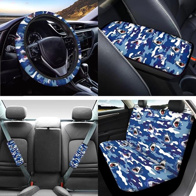 Mumeson Shark Car Seat Covers with 2 Pcs Seat Belt Shoulder Pads + Soft Rubber Steering Wheel Cover + Armrest Cushion Pad of Car Full Set of 8 Pack Car Decor Set