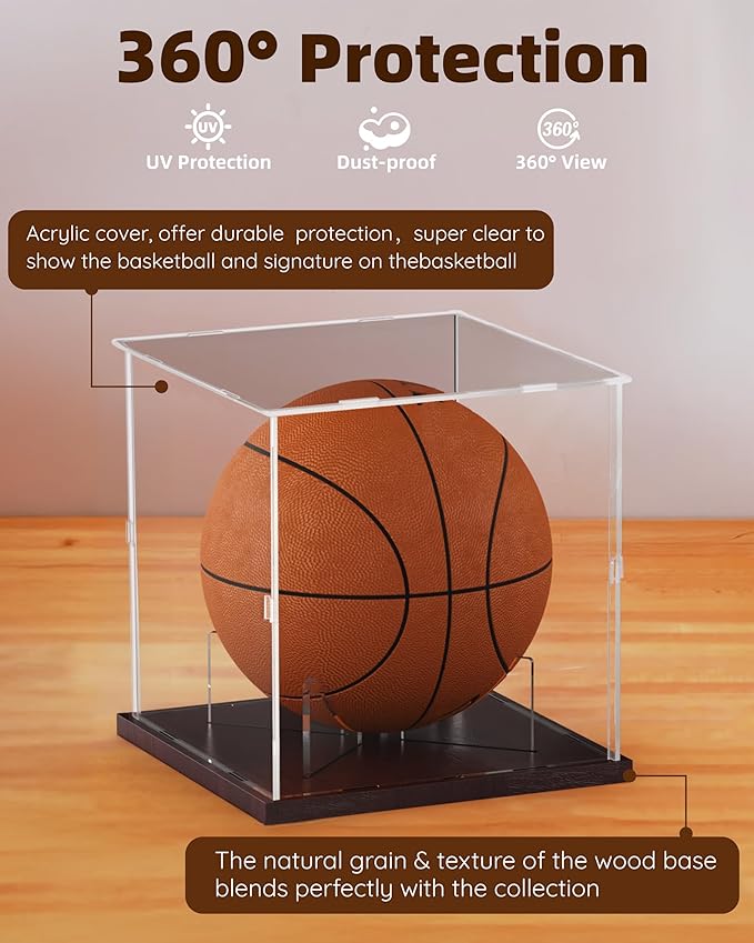 Fitense Basketball Display Case Acrylic Clear, UV Protected Basketball Stand Box Full Size with Solid Wood Base, Soccer Display for Autographed Standard NBA WNBA Ball Memorabilia Keepsake, Ideal Gift