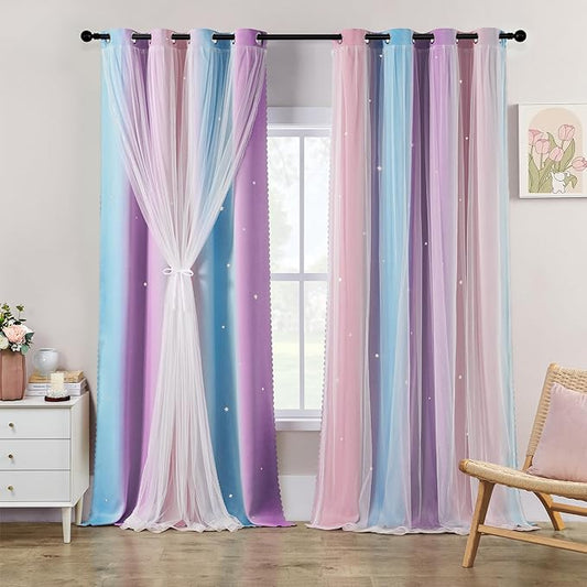 XiDi Pink Purple Blackout Curtains 108 Inches Long for Girls Bedroom 2 Panels Room Darkening Grommet Window Curtains Colorful Rainbow Design Unicorn Kids Nursery Princess Theme Decor 42Wx108L