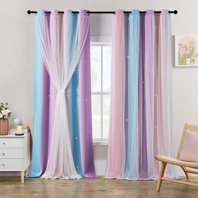 XiDi Curtains for Girls Bedroom 96 Inches Long Rainbow Kids Blackout Curtains for Nursery Room Darkening Rainbow Princess Unicorn Wall Decals Little Girl 2 Panels Set Pink Purple 62 Inches Wide