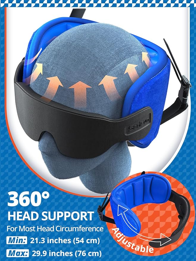 SARISUN Travel Pillows for Airplanes, Airplane Pillow for Long Flight, Airplane Head Strap with Sleep Eye Mask, 360° Support Headrest for Car Trip, Travel Essentials Stop Bobblehead, Mottled Blue