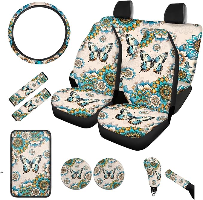 BIGCARJOB Boho Lotus Print Car seat Covers Set 12 Pack Cute Butterfly Print Car Interior Accessories Universal Center Console Armrest Pads,Coaster,Universal Steering Wheel Covers,Seat Belt Cover
