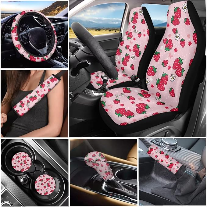 Tupalatus Cute Strawberry 9 Pcs Car Seat Covers Car Accessories Set for Men Women Steering Wheel Cover Auto Seat Belt Cover Coasters Gear Shift Cover Hand Brake Cover