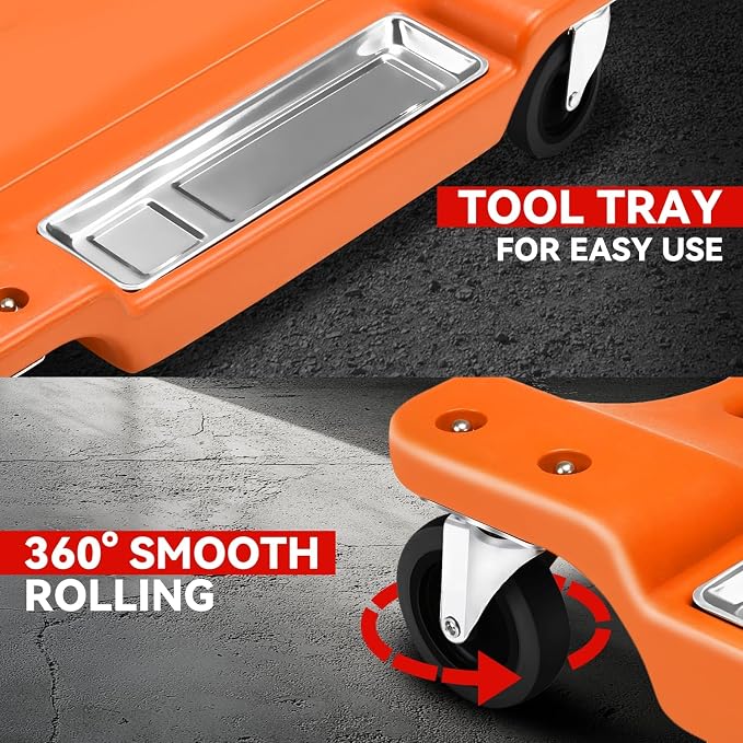 Auto Dynasty 40 Inches Mechanic Creeper, Automotive Garage Repair Low Profile Under Car Rolling Creeper with LED Light and Padded Headrest, Plastic, Orange