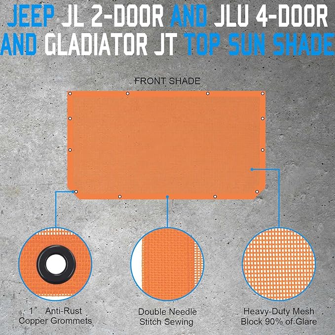 JT JL Top Sun Shade Roof Compatible with Jeep Wrangler and Gladiator 2 or 4 Door 2018 to 2023 Sunshade Sunroof Blocks UV Wind Noise Orange Mesh for Front