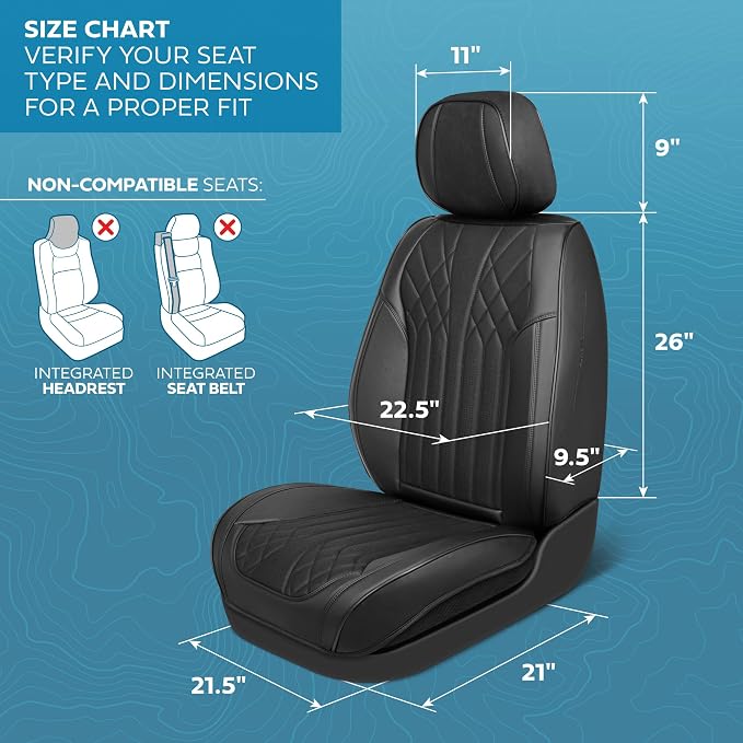 MotorBox Elite Edition Faux Leather & Suede Seat Covers for Cars, Trucks, & SUV - 2 Black Car Seat Covers for Front Seats - Universal Fit Car Accessories Automotive Interior Cover Protector for Cars