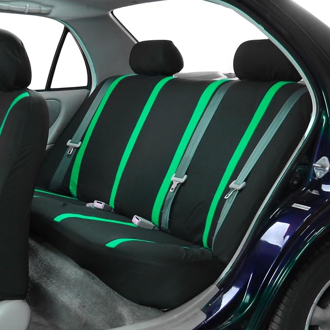 FH Group Automotive Seat Covers Unique Flat Cloth Green Full Set, Combo Steering Wheel Cover and Seat Belt Pads Rear Solid Bench Universal Fit for Vans Cars Trucks and SUV Interior Accessories
