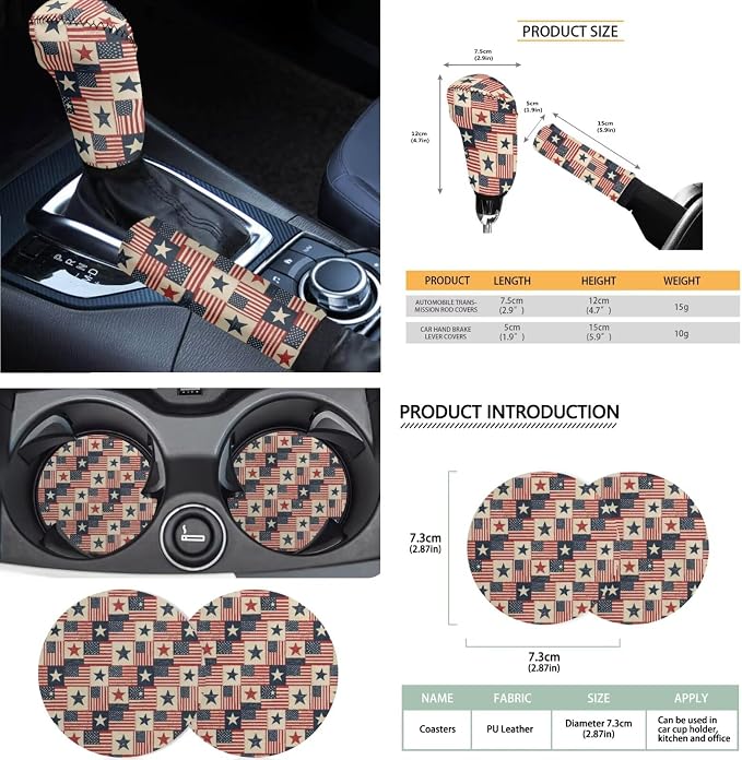 American Flag Print Car Seat Covers Front and Back Full Set 250 Year Decorative Headrest Covers Steering Wheel Cover Safety Belt Pads Armrest Cushion and Cup Coasters