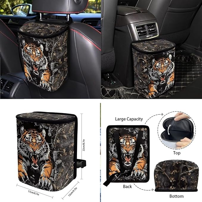 Tiger Forest Camo Pattern Auto Seat Covers Full Set, Car Interior Decor Set of 10 Steering Wheel Cover Cup Coasters Car Trash Can Air Vent Pounch Bag Keychain Universal Fit for SUV Truck Van