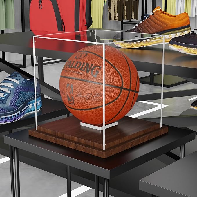 VGMiu Basketball Display Case with Wood Base, Clear Acrylic Basketball Case Display Box with Removable Built-in Ball Holder for Autographed Balls, Sports Collectibles, Memorabilia Displays