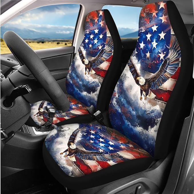 Eagle American Flag Car Seat Cover Full Set with Car Steering Wheel Cover Shoulder Pads Center Console Pad Patriotic Decorations 8 Pcs Auto Interior Accessories