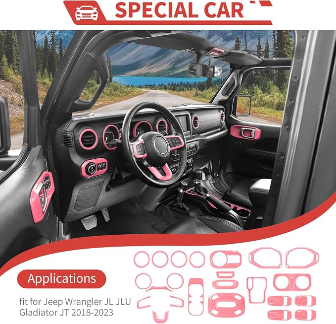 23pcs Full Set Interior Trim Kit for Jeep Wrangler JL JLU Gladiator JT 2018-2023 Steering Wheel Door Handle Air Conditioning Vent Cup Holder Reading Light Headlight Gear Cover, Pink