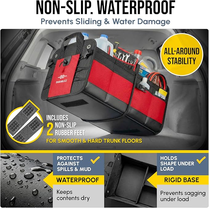 2-Section Foldable Trunk Organizer – Compact Car Storage for Groceries, Kids Items, Travel Gear – Dual-Compartment Cargo Bin with Cover Net – Red