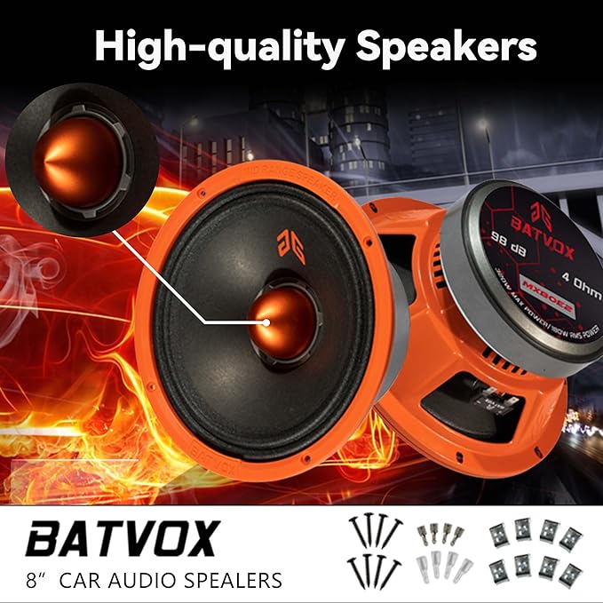 MX80E2 Loudspeaker 8 Inch Midrange 640 Watts 4 Ohms Orange Bullet, Premium Quality Audio Door Speakers for Car or Truck Stereo Sound System, Orange (2 Speakers)