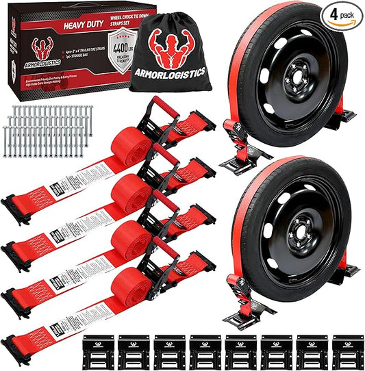 Wheel Chock Tie Down Kit, 4 Pack Heavy Duty Trailer Tire Straps Kit for ATV, UTV, Lawn Mower, 4,400lb Max Break Strength