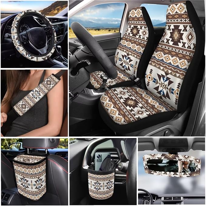 XYZCANDO Tribal Patterns Car Interior Sets 15 PCS Car Seat Cover Set Steering Wheel Cover Storage Box Seat Belt Pads Cover Garbage Bag Rear View Mirror Cover Coasters Keychain Fit Most Cars