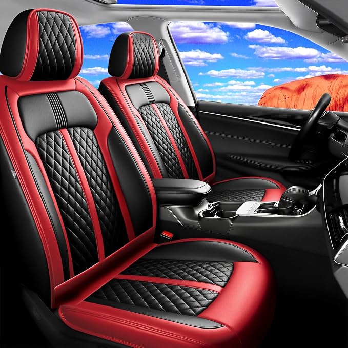 Fit Encore GX Car Seat Covers (Front Pair) for Select Buick Encore GX 2020-2026, Premium Full Coverage Leather, Airbag Compatible, Waterproof & All Weather Seat Cushion Protector, Black+Red