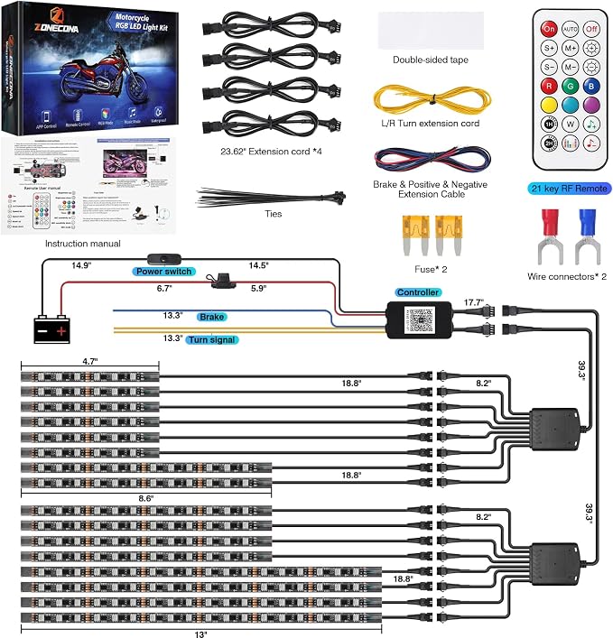 16PCS Chasing Effect Motorcycle RGB LED Lights Kit with APP/RF Remote Brake Turn Signal, Motorcycle LED Underglow Light Magic Strips kit Multi Color Underbody 12v Waterproof for Harley Honda