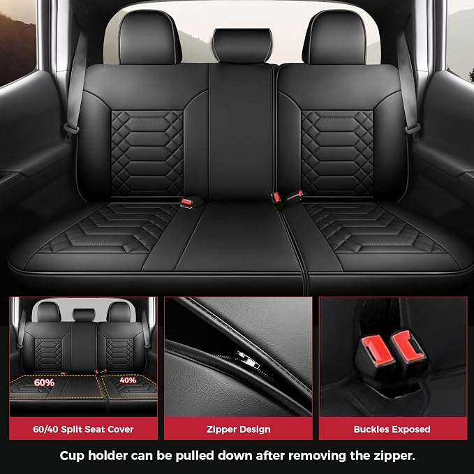FREESOO Tacoma Seat Covers Custom Fit for Toyota Tacoma 2005-2015 Double Crew Cab Faux Leather Full Set Pickup Truck Seat Covers (Full Set, Black)