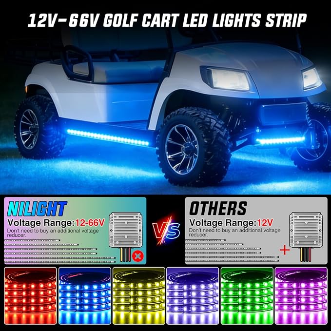 Nilight 4PCS Golf Cart Underbody Lights Kit RGB Multi-Mode LED Neon Accent Lighting Lamp APP Remote Control Sound Active Music Sync IP67 Waterproof 12V-66V for EZGO Yamaha Club Car
