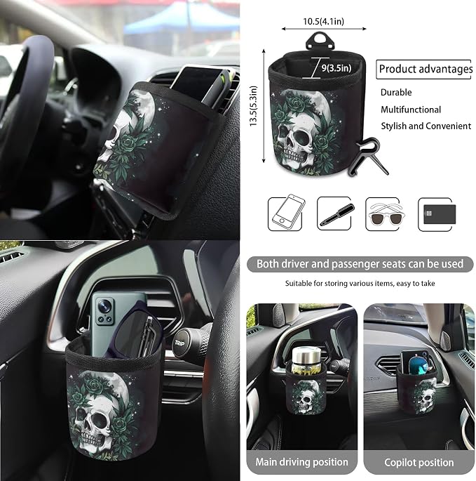 Moon Skull Rose Print Car Seat Cover Full Set of 15 Seatbelt Strap Pad Steering Wheel Covers Rear View Mirror Cover Trash Cans Air Vent Storage Bag Cup Coasters Keychain