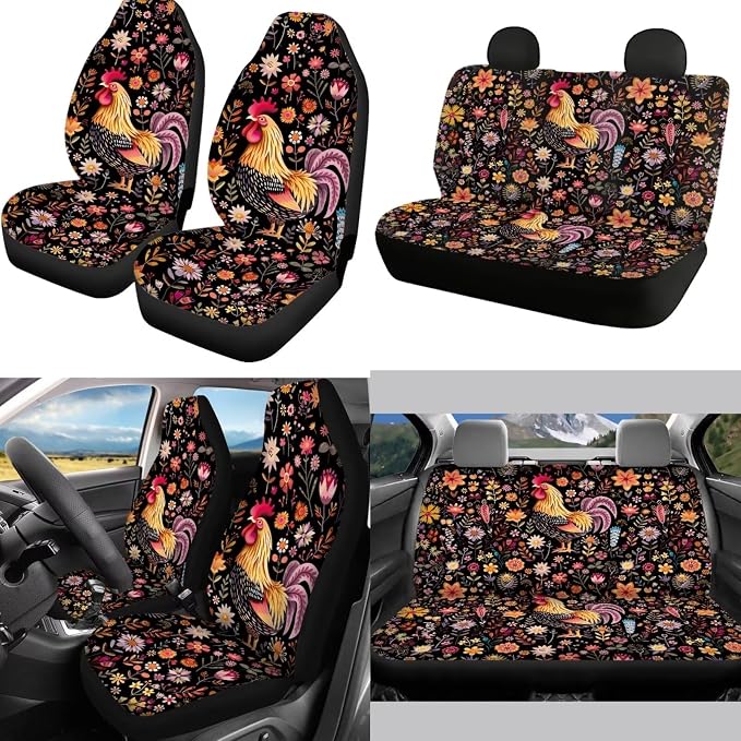 Mumeson Floral Rooster Car Front Seat & Rear Bench Covers Set + Steering Wheel Cover + Seat Belt Shoulder Pads + Armrest Cushion for Car 8 Pack Car Accessories Decor