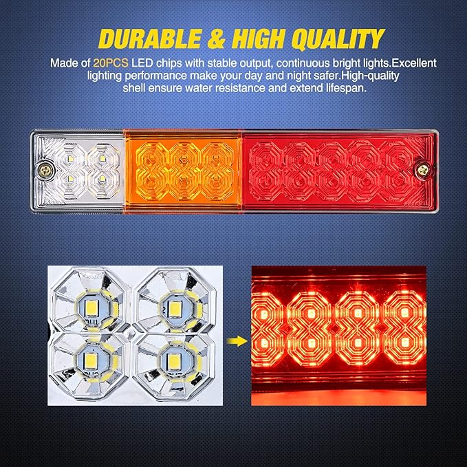 Nilight Trailer Tail Light Bar 2PCS 20LED Brake Running Turn Signals Reverse lights IP65 Waterproof for 10-30V Truck Trailers Caravan Van RV UTV Camper Boat