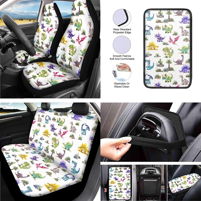 Dinosaur 13 Pcs Car Seat Covers, Cartoon Mini Dinosaur Universal Driver Seat Cover Protector Armrest Pad, Forest Pterosaur Steering Wheel Armrest Cover Seatbelt Cup Mats