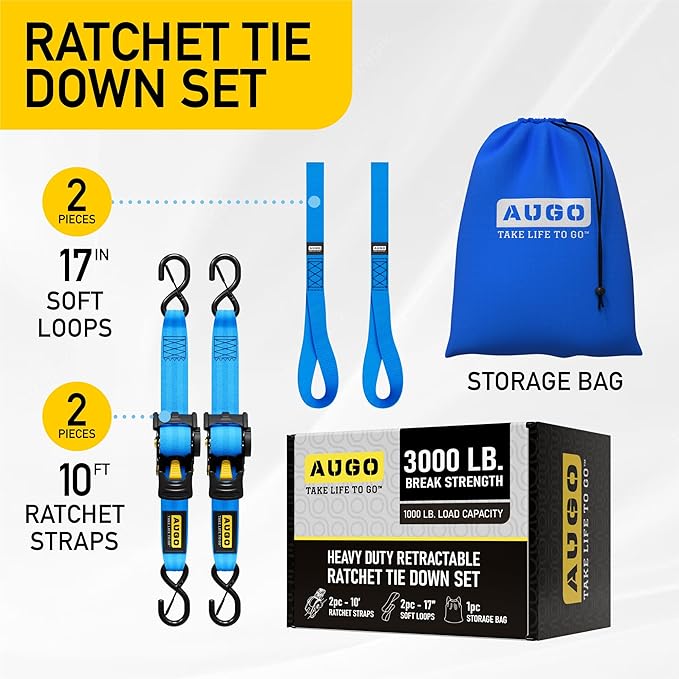 AUGO Retractable Ratchet Straps | 2 Heavy Duty Ratchet Straps Self Retractable Tie Downs with Soft Loops & Storage Bag for Motorcycle, Truck, Trailer, Cargo Van | 3000 Lb Break Strength 2” x 10’