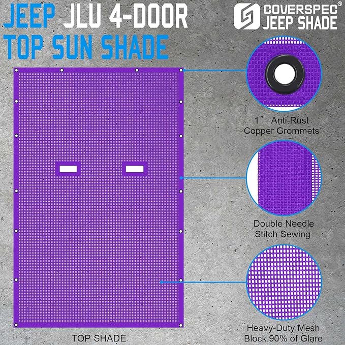 JL Top Sun Shade Roof Compatible with Jeep Wrangler 2 or 4 Door 2018 to 2023 Sunshade Sunroof Cover Blocks UV Wind Noise Purple Mesh for Full Length