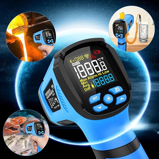 Infrared Thermometer Temperature Gun, -40℉ to 2192℉ Dual Laser High Temp Thermometer with LCD Color Display, Non-Contact Industrial Pyrometer 50:1 Distance Ratio, Adjustable Emissivity