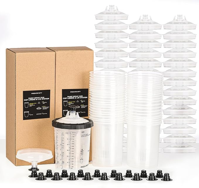 InoKraft Disposable Paint Spray Gun Cup, Paint System for HVLP and LVLP Paint Spray Paint Gun, Large 28 Ounce (800ml) Kit with 45 Cups and Lids System, 1 Hard Cup with Retainer Ring and 20 Plugs