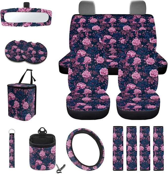 Peony Floral Pattern Car Accessories Set of 15 Bucket Seat and Rear Bench Cover Steering Wheel Cushion Seatbelt Pad Trash Bin Rearview Mirror Cover Keychain Air Outlet Bag Cup Holders