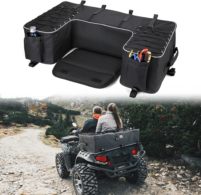 KEMIMOTO Upgraded ATV Storage Bags, 55L ATV Rear Seat Storage Bag Water-Resistant Four Wheeler Gear Bag Back Seat with Built-In Frame, Removable Cushion for Passenger
