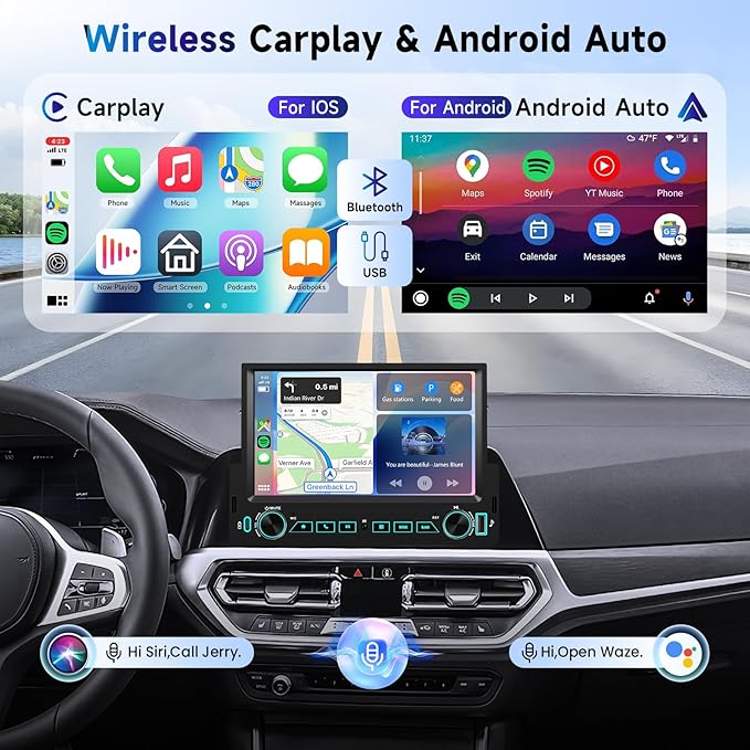 7'' Single Din Car Stereo with Wireless Carplay Android Auto, Single Din Touchscreen Car Radio with Handsfree Bluetooth 5.2 Mirror Link FM EQ SWC, Type-C, USB Port, Backup Camera