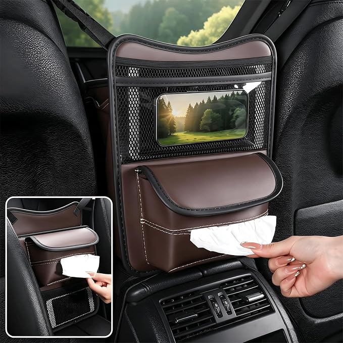 Car Organizer Storage Between Seats, Premium Leather Car Storage Bag Pocket Handbags Purse Holder with Tissue Box, Touch Screen Phone Holder, Console Front Seat Storage Barrier (Brown)