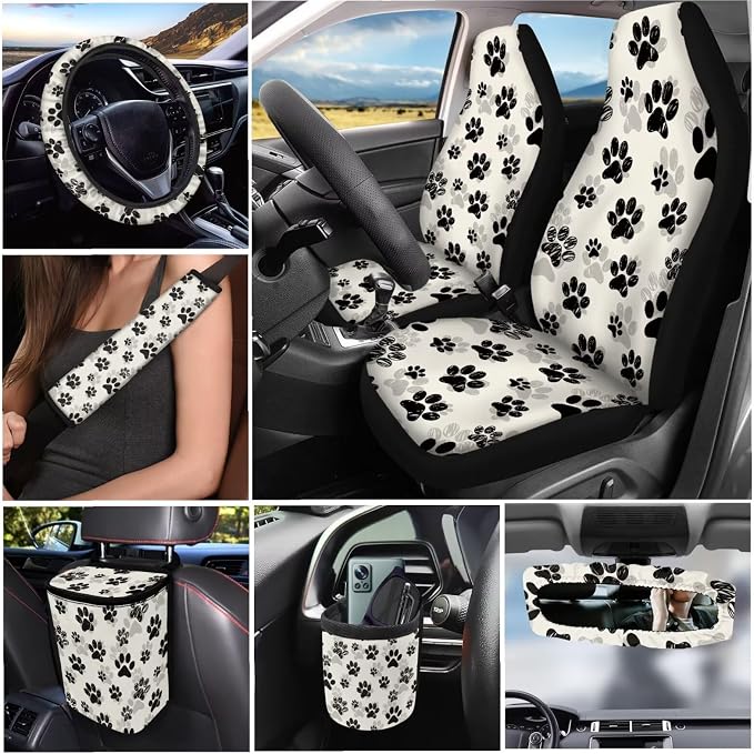 Dreaweet Dog Paw Car Seat Covers Full Set for Women Dog Lover Cute Car Accessories Seat Covers Front and Back Steering Wheel Cover Seat Belt Pads Coasters Trash Bag Vent Storage Pouch Keychain,15 Pcs