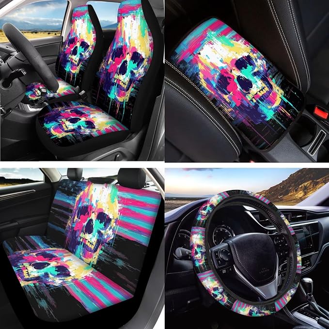 Skull Print Seat Cover Full Set for Cars American Flag Print Front and Rear Split Bench Seat Covers+Steering Wheel Cover+Seatbelt Pads+Headrest Covers+Center Console Pad for SUV Truck etc