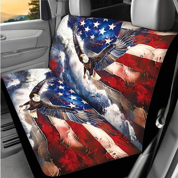 Eagle American Flag Car Seat Cover Full Set with Car Steering Wheel Cover Shoulder Pads Center Console Pad Patriotic Decorations 8 Pcs Auto Interior Accessories