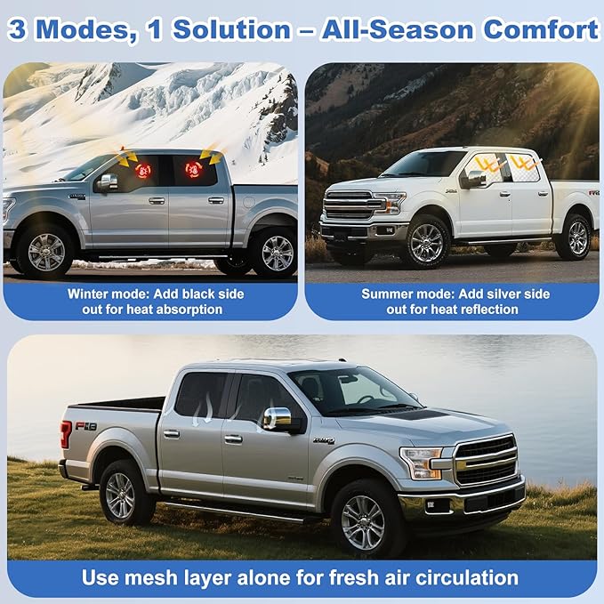 XCBYT 2015-2020 f150 Window Shades - Switch Between Total Blackout & Bug-Free Ventilation Car Window Covers | Reflective Silver 99% UV Heat Shield Breathable Mesh Side Window Sun Shade (4 PCS)