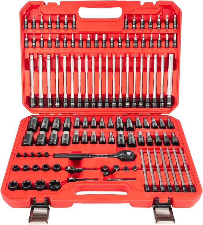 LLNDEI 115-Piece Torx & Allen Bit Socket Set, 1/4",3/8"and 1/2" Drive, Extra Long Torx//Tamper Proof Torx/Hex/Ball End Hex Socket Set, S2 Steel, SAE/Metric, with Ratchet Wrench & Adapters
