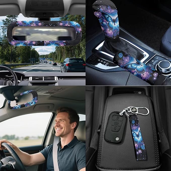 Mandala lotus Butterfly Car Seat Covers Full Sets 18 Pack Butterfly Car Interior Accessories Set with Steering Wheel Cover Auto Trash Can Car Headrest Covers for Women Belt Pads,Universal Fit