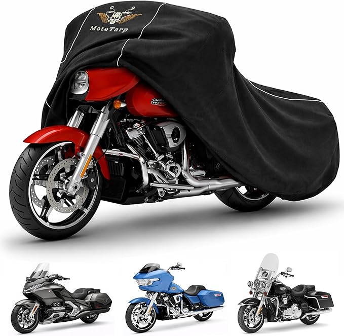 600D Heavy Duty Motorcycle Cover for Touring Models - Waterproof Outdoor Storage, All-Season Weatherproof with Air Vents, Exhaust Heat Shield, Wheel Lock Slots & Reflective Strips
