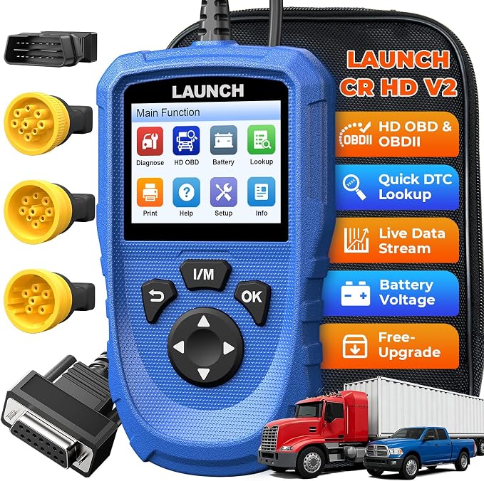 LAUNCH CR HD V2 Heavy Duty Truck Diagnostic Tool, HD OBD Scanner, Diesel Code Reader, OBD2 & Heavy Duty Diagnostic, DTC Lookup, Battery Voltage Check, Freelifetime Upgrade for DIYers