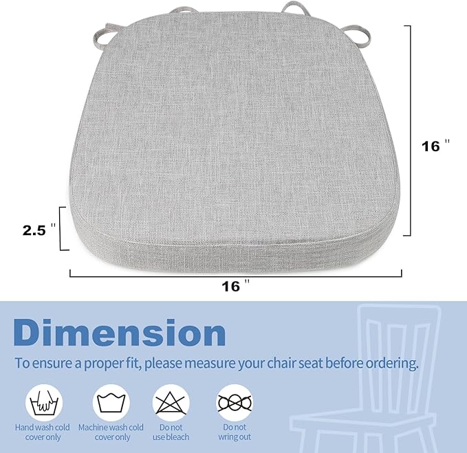 BUYUE Thickened 2.5" Dining Chair Cushions Set of 6, U-Shape High Density Foam Comfortable Chair Pads for Kitchen, Slip Resistant Indoor Seat Cushions (6 PCS, Light Grey)